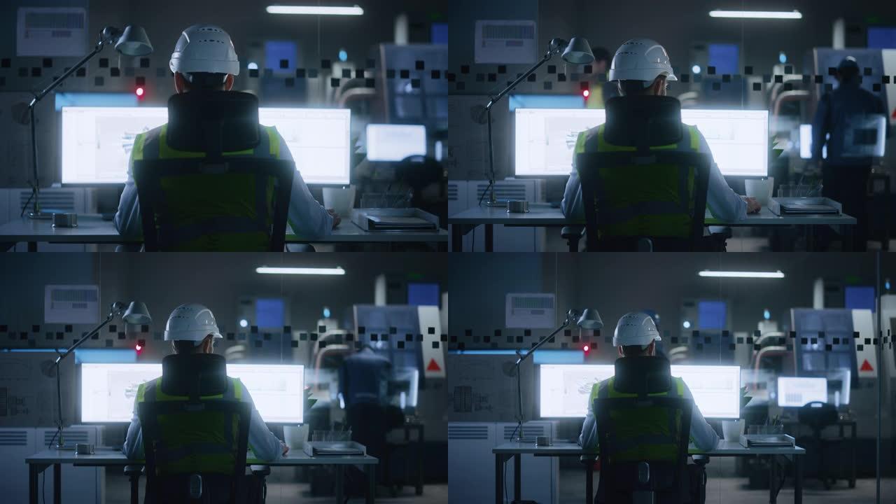 工业工程师解决问题，在个人计算机上工作，两个监视器屏幕显示cad软件与环保电动发动机概念的3D原型。