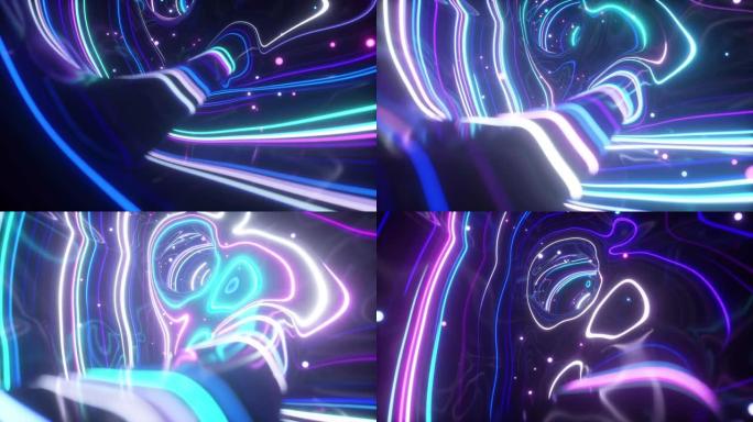 3d渲染，抽象地形动画背景，荧光紫外线，发光霓虹灯线，移动内部，蓝色粉色光谱，现代彩色照明