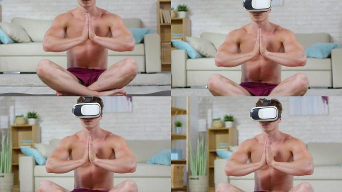 穿着VR护目镜练习瑜伽的人