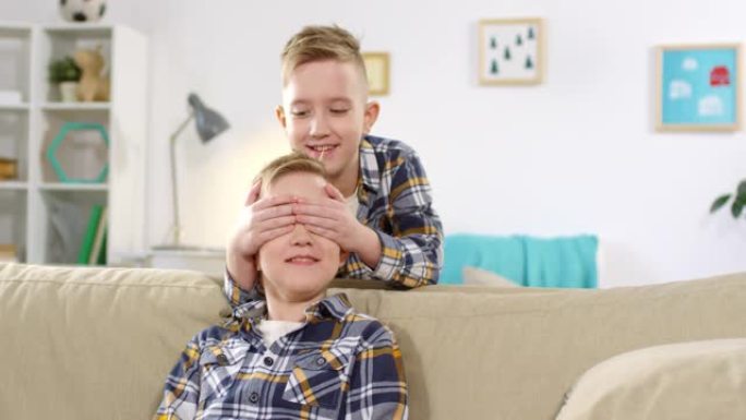 9岁的高加索孩子掩盖了双胞胎的眼睛