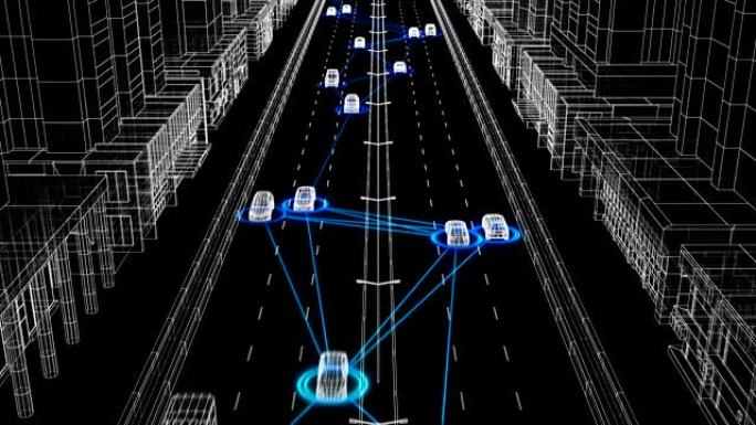 美丽的插图控制系统工作在抽象的城市街道上，无缝连接数字网络中的所有汽车。未来派监控系统的循环3d动画