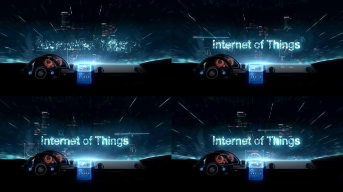 在未来的混合动力汽车内部，圆点聚集在一起，创建 “物联网”，低多边形网络。
