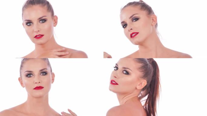 白色背景上的美女肖像。美女抚摸她的脸。富有表情的面部表情。美容和水疗。美丽的脸