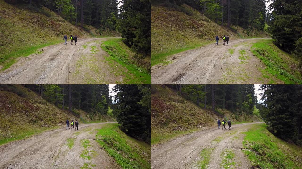一群朋友漫步在树林中，呼吸着纯净的空气，微笑着在山上的大自然中，正背着徒步旅行的背包行走。