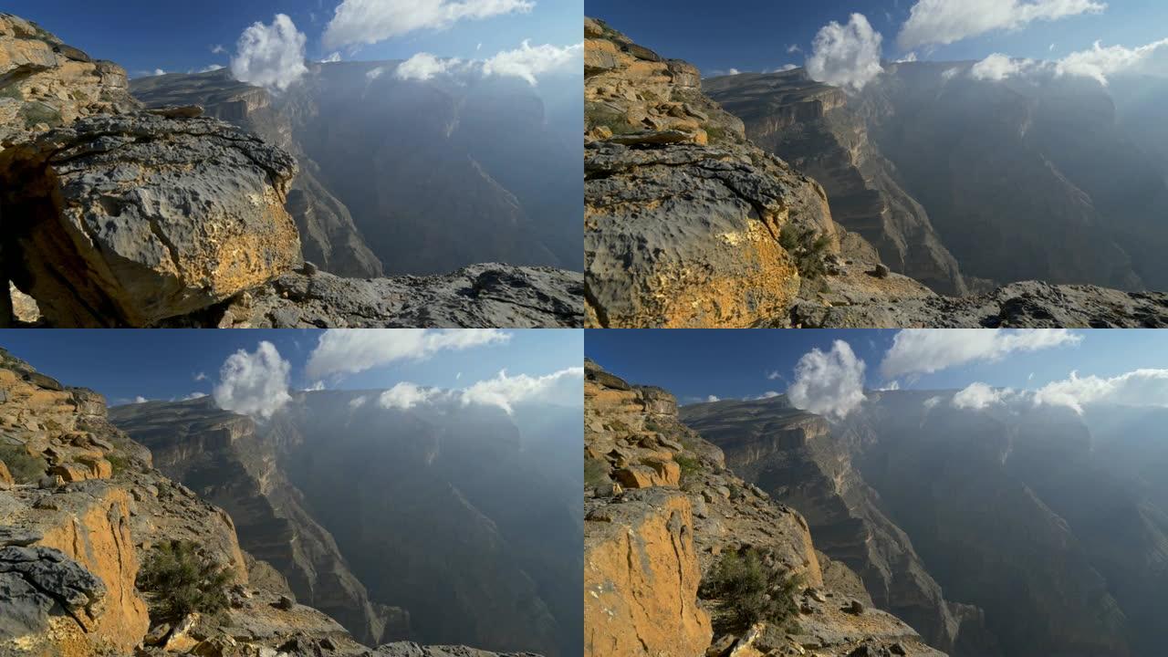 杰贝尔·沙姆斯，阿曼。山脉和峡谷的全景。杰贝沙姆斯是阿拉伯半岛第三高的。4K