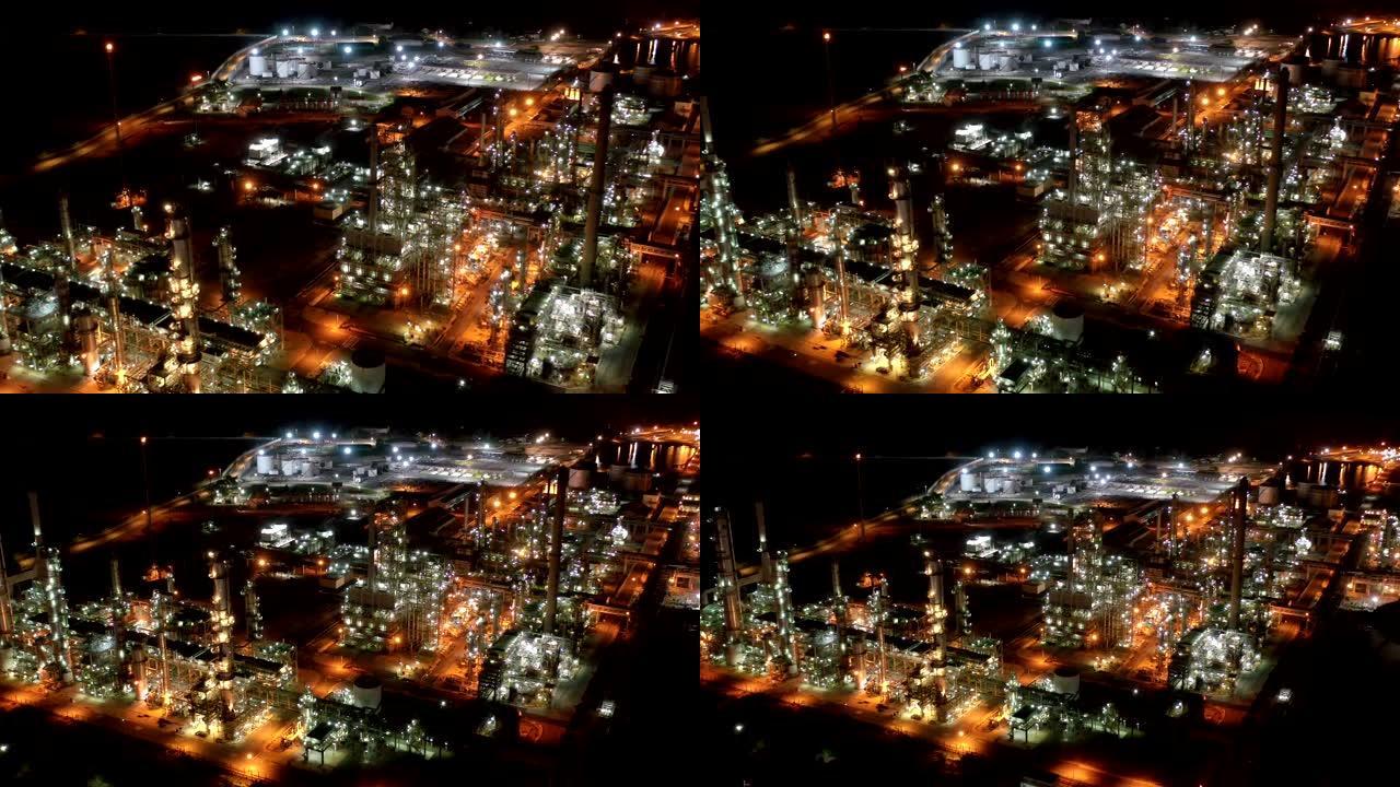 亚洲大型炼油厂设施和储罐夜间4k鸟瞰图
