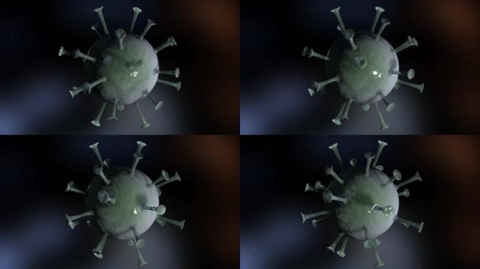 新型冠状病毒肺炎。冠状病毒。绿色病毒细胞在现实的背景上旋转。飞行粒子。4K. 3D动画。
