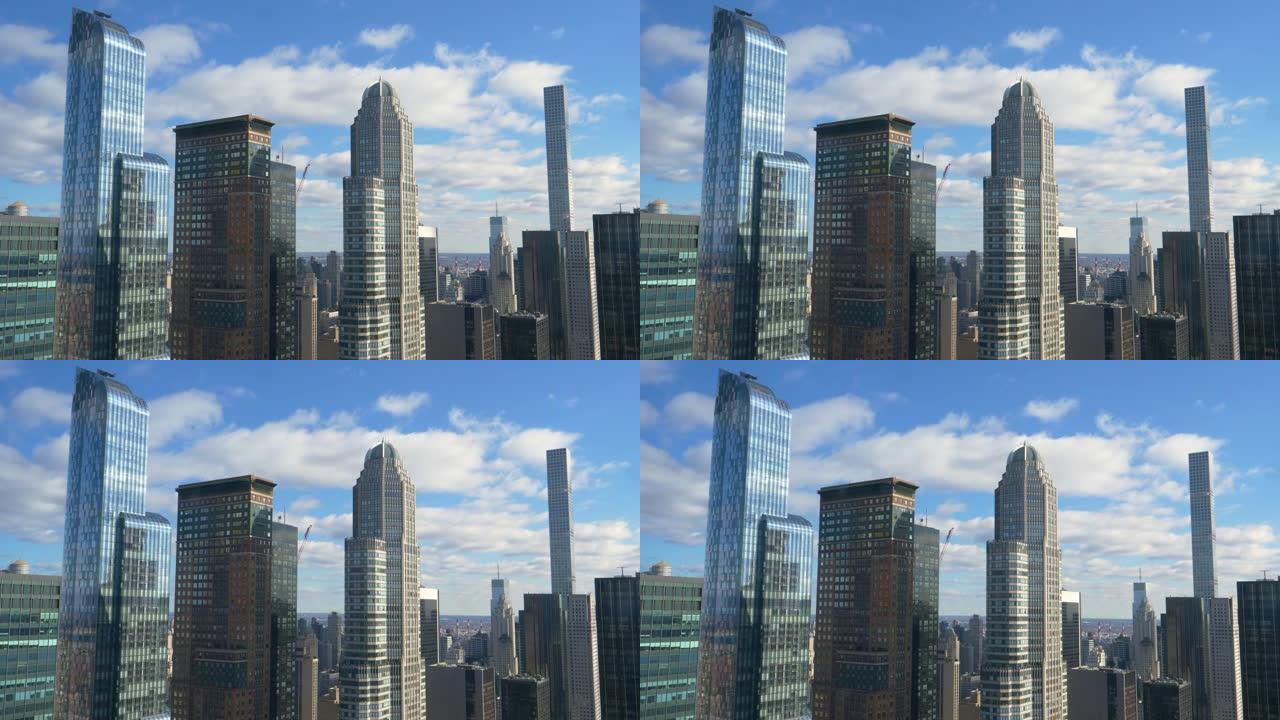 阳光明媚的日子，曼哈顿现代玻璃摩天大楼的壮丽景色。