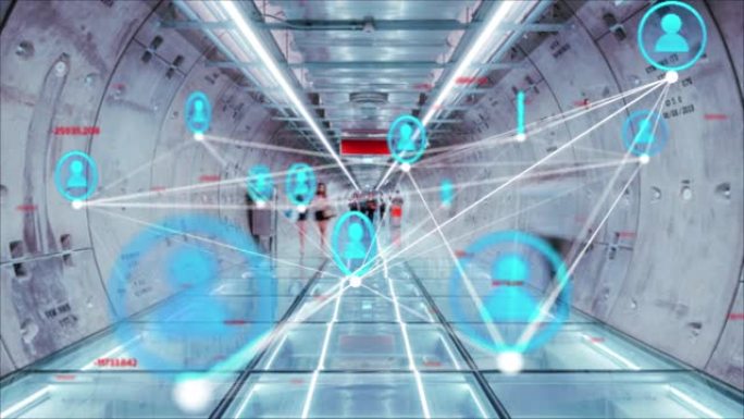 4k分辨率人连接技术概念与拥挤的人在隧道中行走，商业科技的未来抽象背景