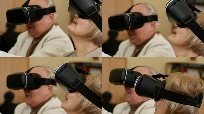 尝试VR耳机的老年人