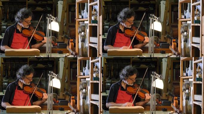 专业小提琴大师用自己的双手制作小提琴，使用干净的云杉，松树，眼镜，飞机，琴弦。
