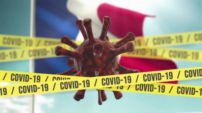 国旗背景上的新型冠状病毒肺炎磁带屏障，(法国) 乌鸦，4k动画