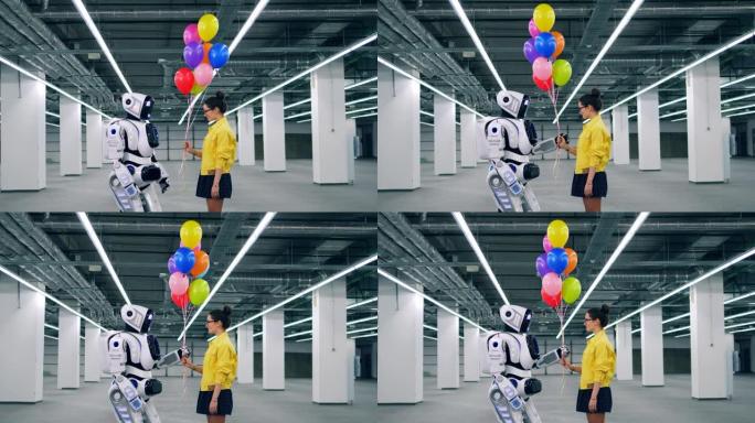 一个女孩和一个机器人一起拿着气球