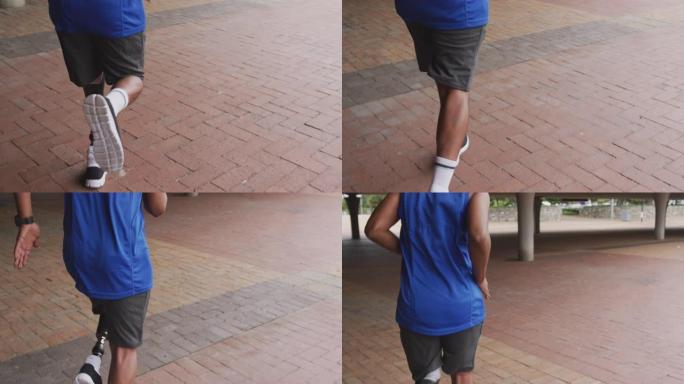 假肢跑步的后视男子