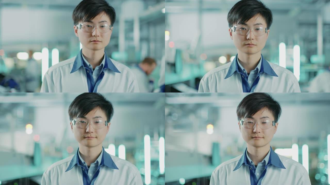 高科技工厂: 穿着制服和安全镜的亚洲工人的肖像。背景中模糊的电子装配线与明亮的灯光和其他工人做他们的