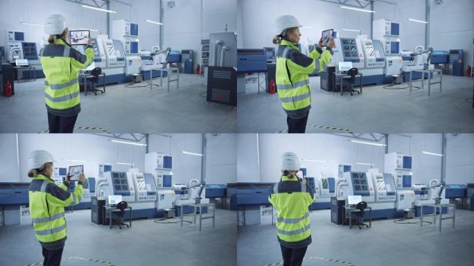 工业4.0现代工厂: 女工程师使用带有增强现实的数字平板电脑来可视化车间地图，楼层布局。具有高科技数