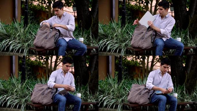 大学生坐在校园长椅上拿笔记本外出学习