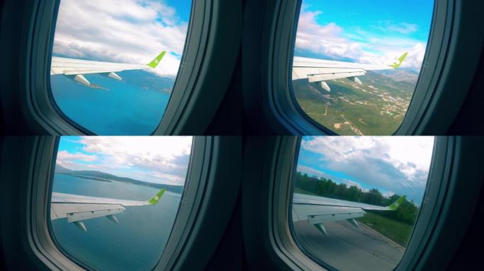 着陆时从海上飞机上的窗户视图。