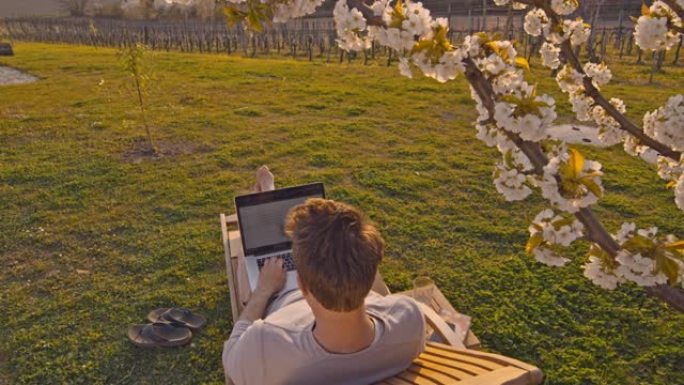 男子女士带着笔记本电脑在阳光明媚，田园诗般的山坡上的躺椅上放松