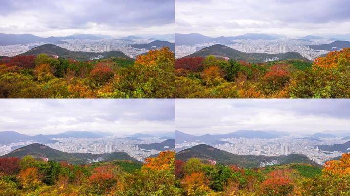 4K.韩国秋季城市景观釜山市的延时视图