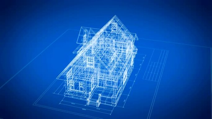 小屋3d蓝图在黑色和蓝色背景上无缝旋转工程计划。抽象房屋蓝图的循环3d动画。建筑业务理念。