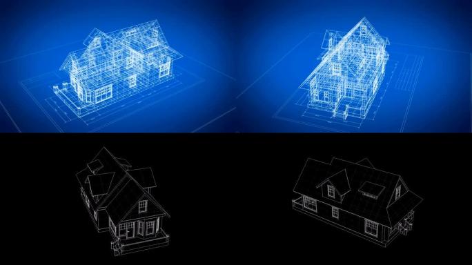小屋3d蓝图在黑色和蓝色背景上无缝旋转工程计划。抽象房屋蓝图的循环3d动画。建筑业务理念。