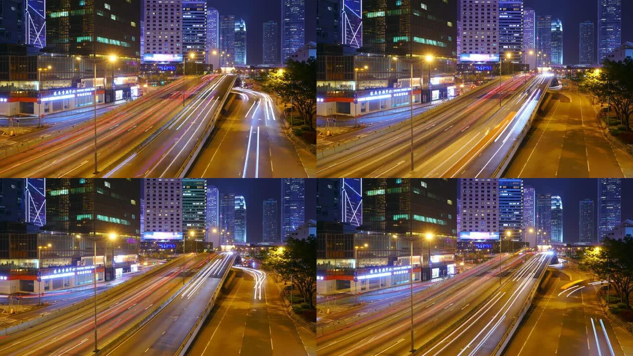 交通延时和香港摩天大楼景观在夜间。