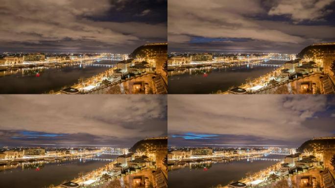 匈牙利布达佩斯夜间，WS延时云在照明城市景观和多瑙河上移动