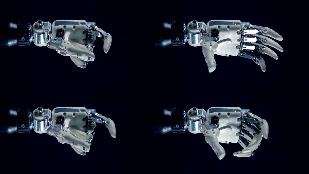 机器人假肢弯曲手指，控制论生产。