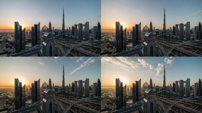迪拜天际线日出时的T/L视图/迪拜，阿联酋