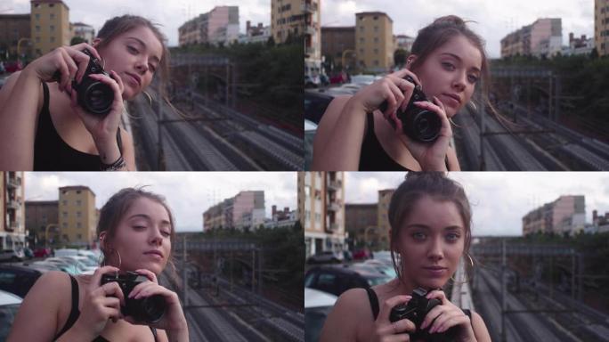 女孩在城市拍照特写镜头左侧留白欧美美女