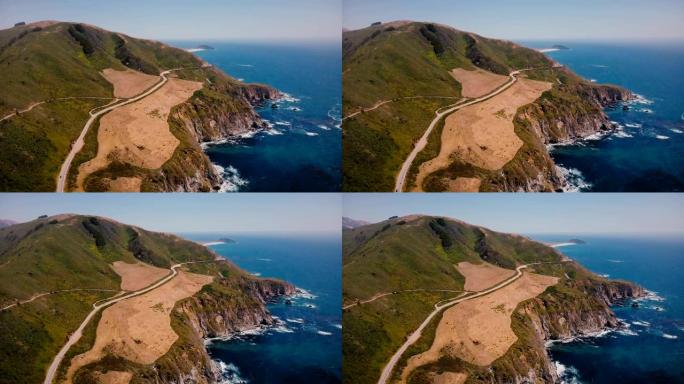 美丽的电影空中拍摄史诗般的高速公路1和太平洋夏季海岸风景全景在加利福尼亚州大苏尔。