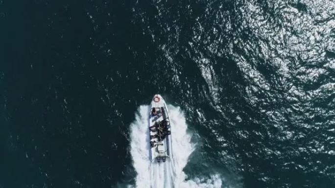 莫桑比克，一艘充气船将潜水员带到礁石潜水的4k直下鸟瞰图