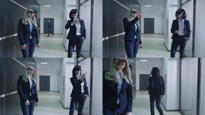 在办公室走廊中使用VR眼镜的女企业家
