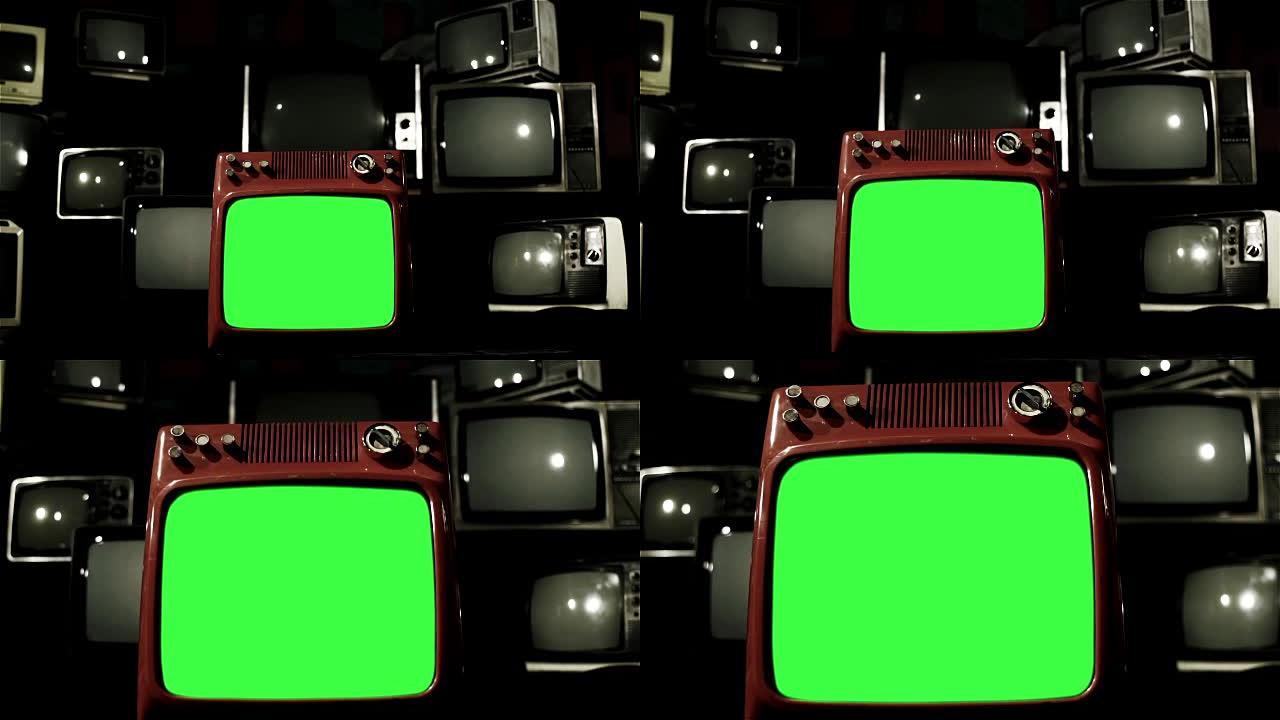 复古红色电视绿屏与许多1980S电视。多莉开枪了。蓝色钢调。