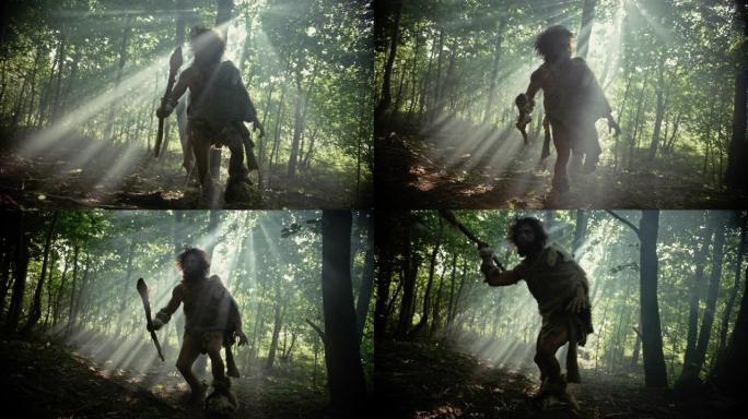 穿着动物皮的原始穴居人拿着石头尖的长矛环顾四周，探索史前森林寻找动物猎物。尼安德特人去丛林打猎