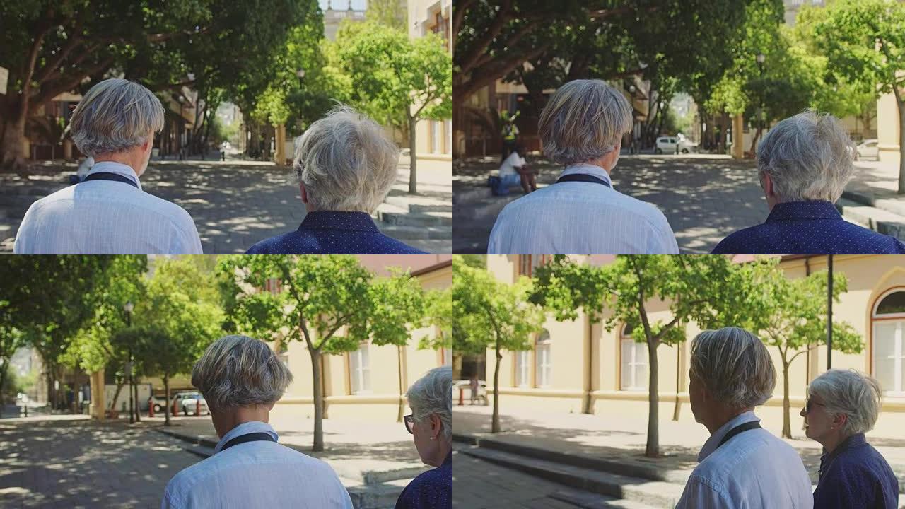 充满爱心的老年夫妇带着包走在街上