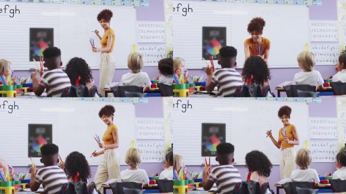 站在白板上的女老师在学校教室里为小学生讲授数学课