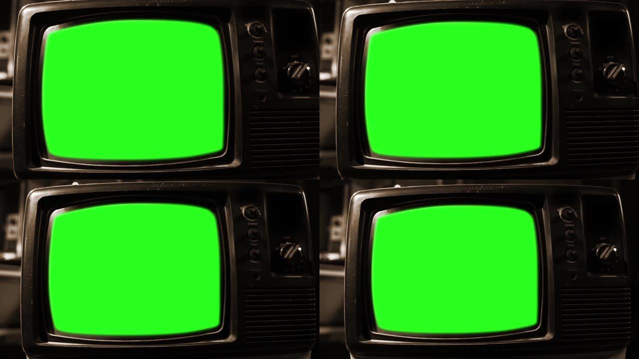 绿屏古董电视。80年代的美学。棕褐色色调。缩小。