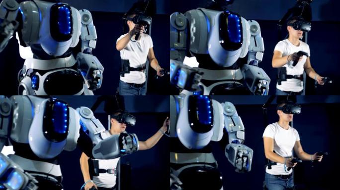 一个人正在用虚拟现实装置操纵机器人。虚拟现实游戏概念。