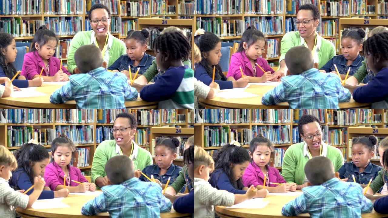 老师带孩子在图书馆，写作