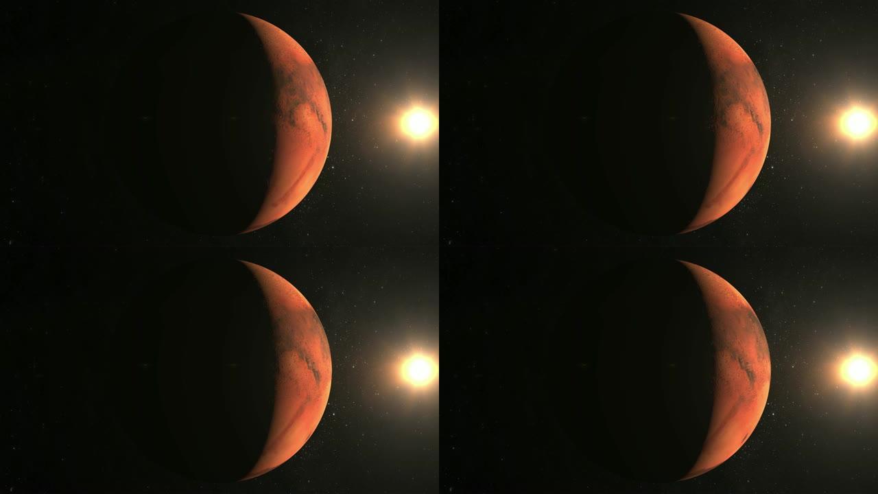 火星行星。从太空看。火星缓慢旋转。这颗行星被太阳照亮。星星闪烁。4K。太阳在框架的右边。