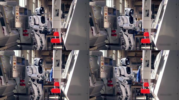 仿生机器人检查工厂设备，在平板电脑上打字。