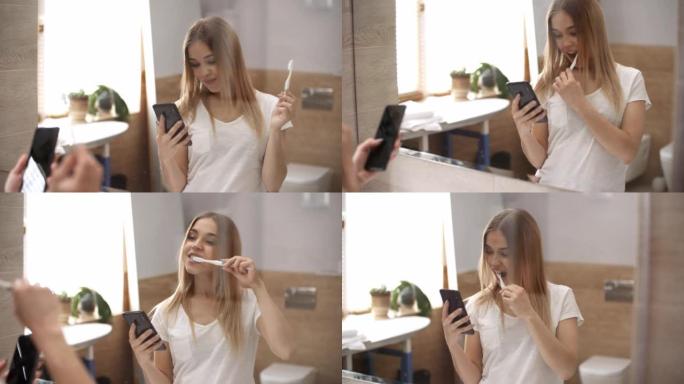 可爱的高加索女孩刷牙和检查她的手机