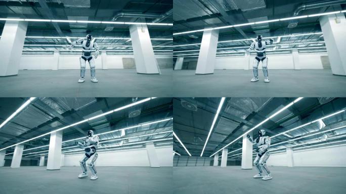 白色机器人独自跳舞，特写。