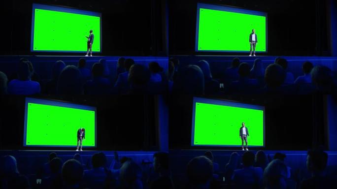 主旨发言人向观众展示新产品，在他身后的电影院配有绿屏、模型和色键。业务现场活动或设备显示