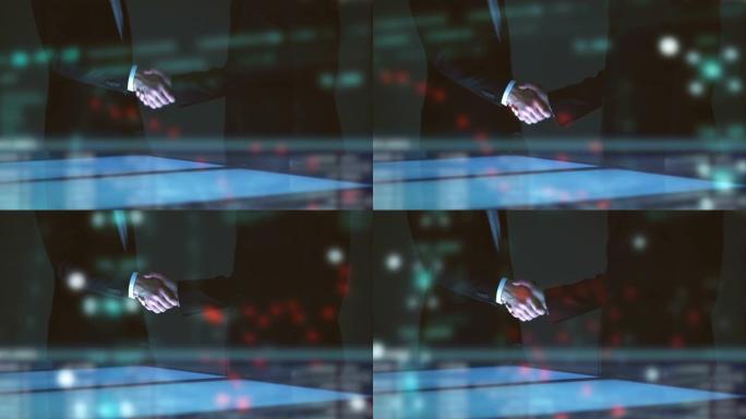 商人在全息图背景的屏幕上方握手。慢动作