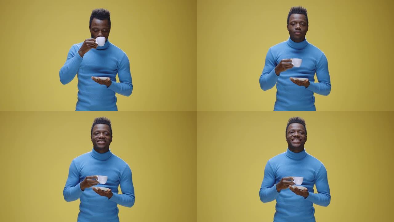 享受咖啡的年轻人黑人喝咖啡黑人模特