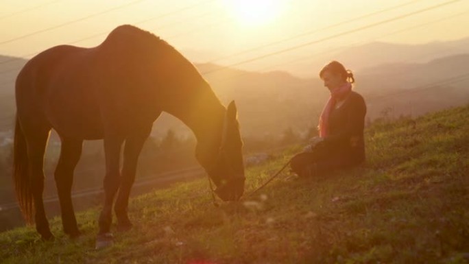 镜头耀斑: 金色的阳光照在坐在马牧场旁边的女人身上。