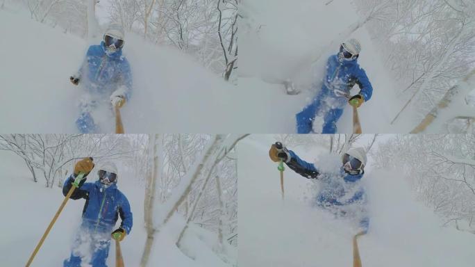 自拍照: 专业滑雪者在偏远地区骑行时切碎刚落下的雪。